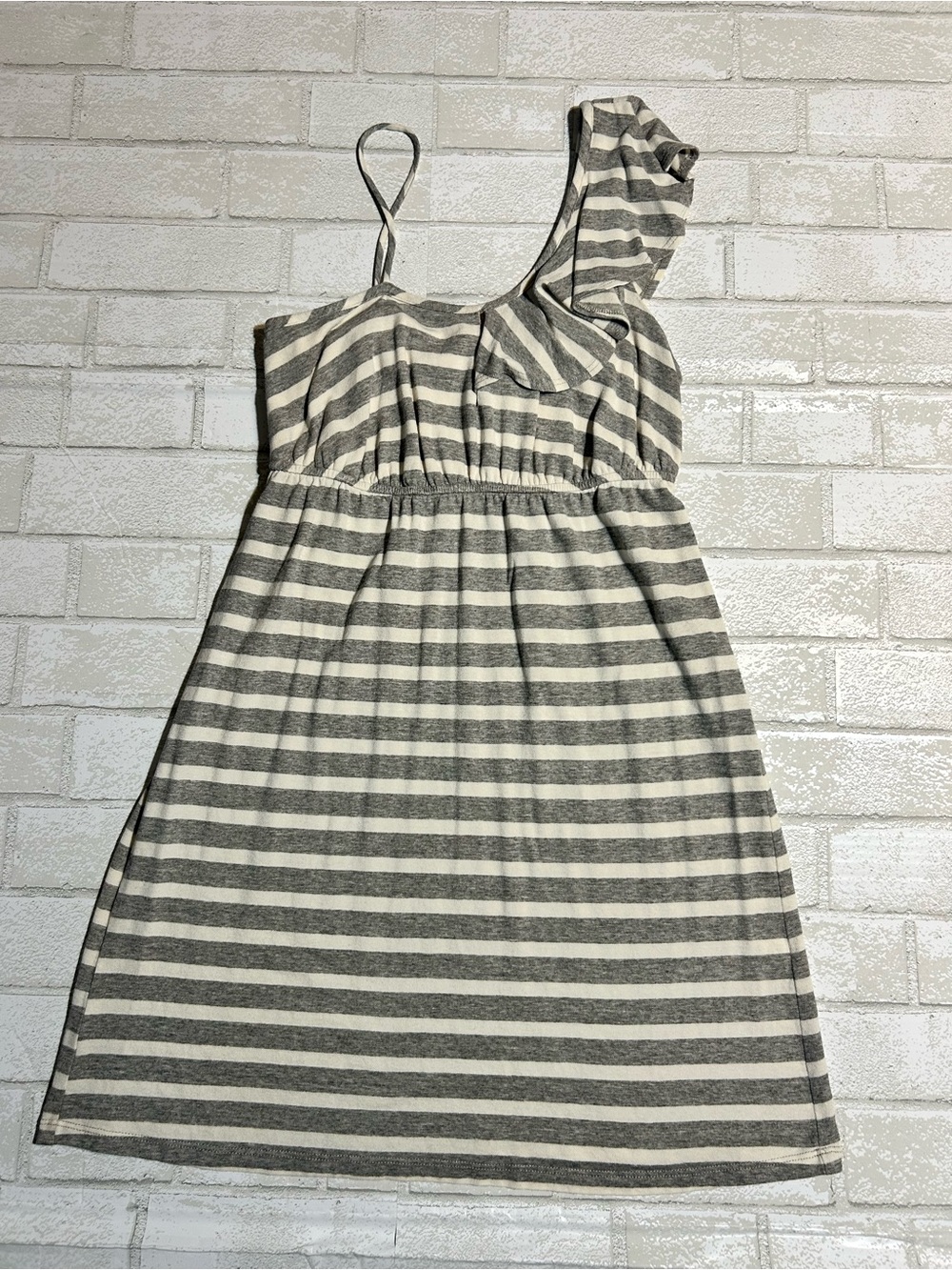 Vava by Joy Han Gray and Cream Striped One-Shoulder Dress